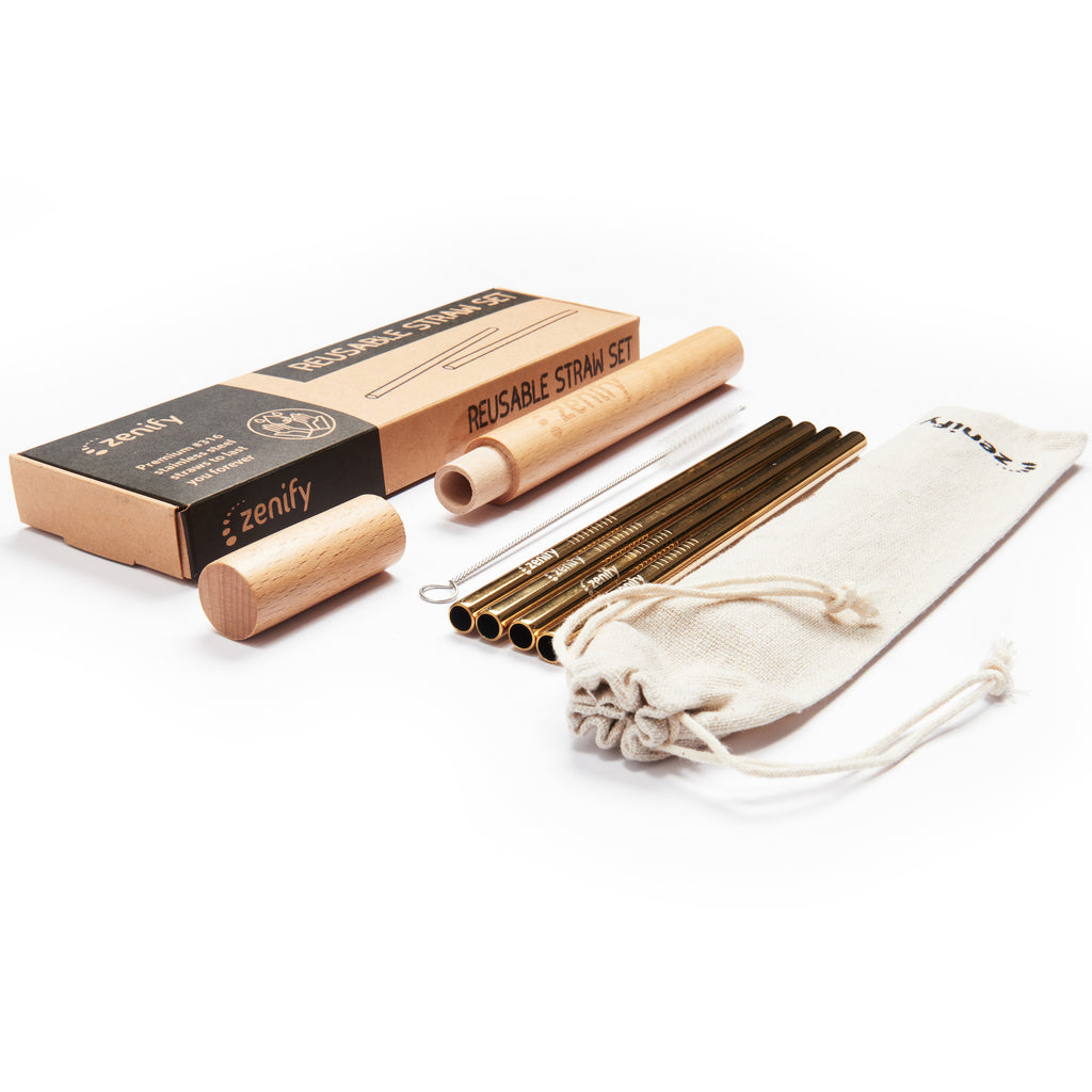 Reusable Metal Straws (4 Pack with Case) - Gold